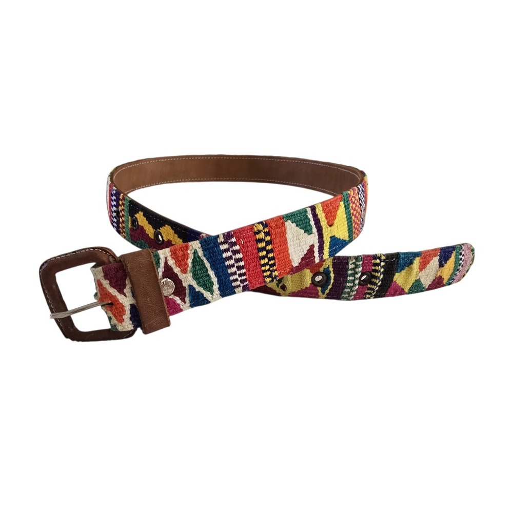Vintage Leather Belt Handcrafted, Mayan Handwoven Design Size 38 Stitched